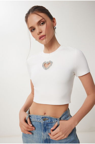 Women's Bone Stylish Stone Heart Detailed Crop Knitted Blouse