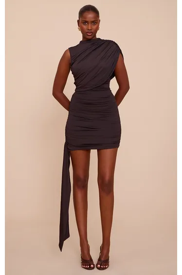 Black Slinky Drape Detail Ruched Bodycon Dress