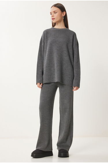 Women's Anthracite Corduroy Sweater Pants Suit