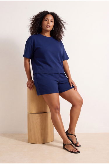 Navy Blue Oversize/Wide Fit Comfortable Plus Size Knitted Shorts T-Shirt Bottom-Top Set