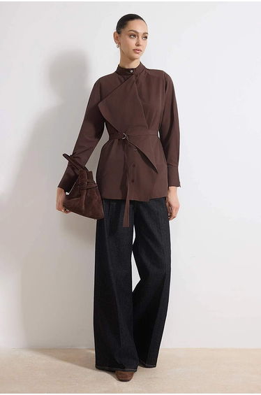 Brown Cotton Fabric Woven Shirt with Belt and Collar Detail