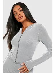 2 Tone Rib Zip Up Top & Flared Trouser - grey - 3