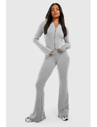 2 Tone Rib Zip Up Top & Flared Trouser - grey