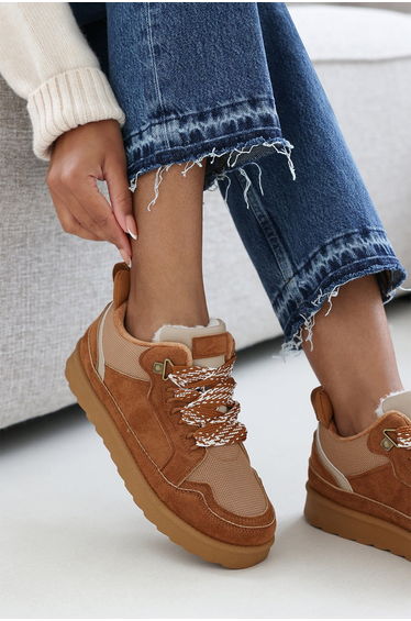 Umber Chestnut Suede Low Top Trainer Slipper with Faux fur lining