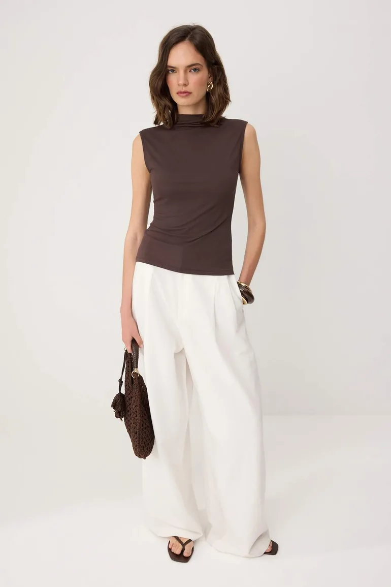 More Sustaniable Brown Plain Peplum High Neck Sleeveless Modal Premium Knitted Blouse