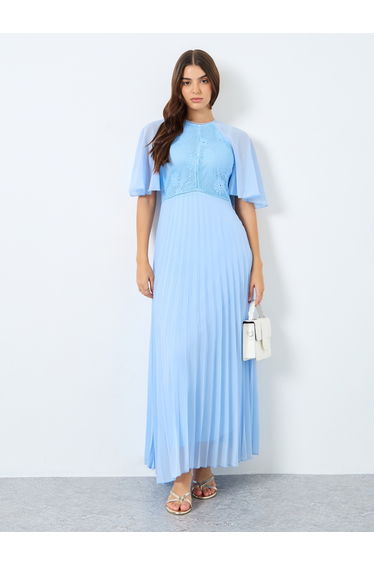Cape Short Sleeve Pleated A-Line Maxi Dress