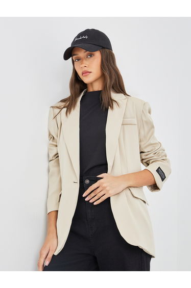 Women Beige Regular Fir Regular Length Blazer with Badge Detail