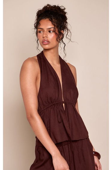 Dark Brown Marl Tie Waist Longline Top Co-ord product thumbnail 2