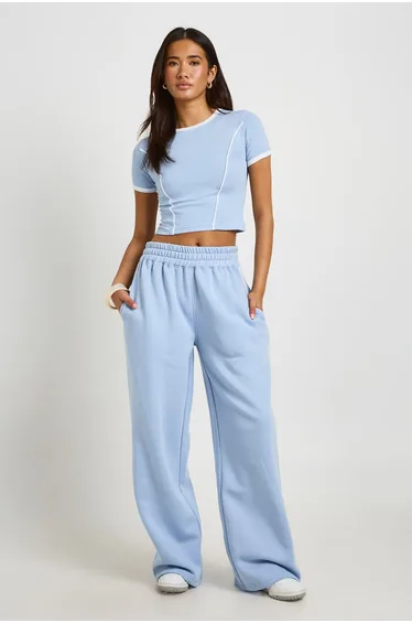 Piping Detail T-Shirt And Straight Leg Jogger Set - light blue