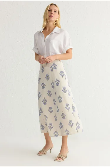 Blue Floral Patterned A-Line Midi Length Woven Linen Blend Skirt