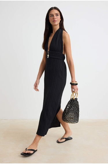 Black Woven Back Low-cut Linen Blended Beach Dress