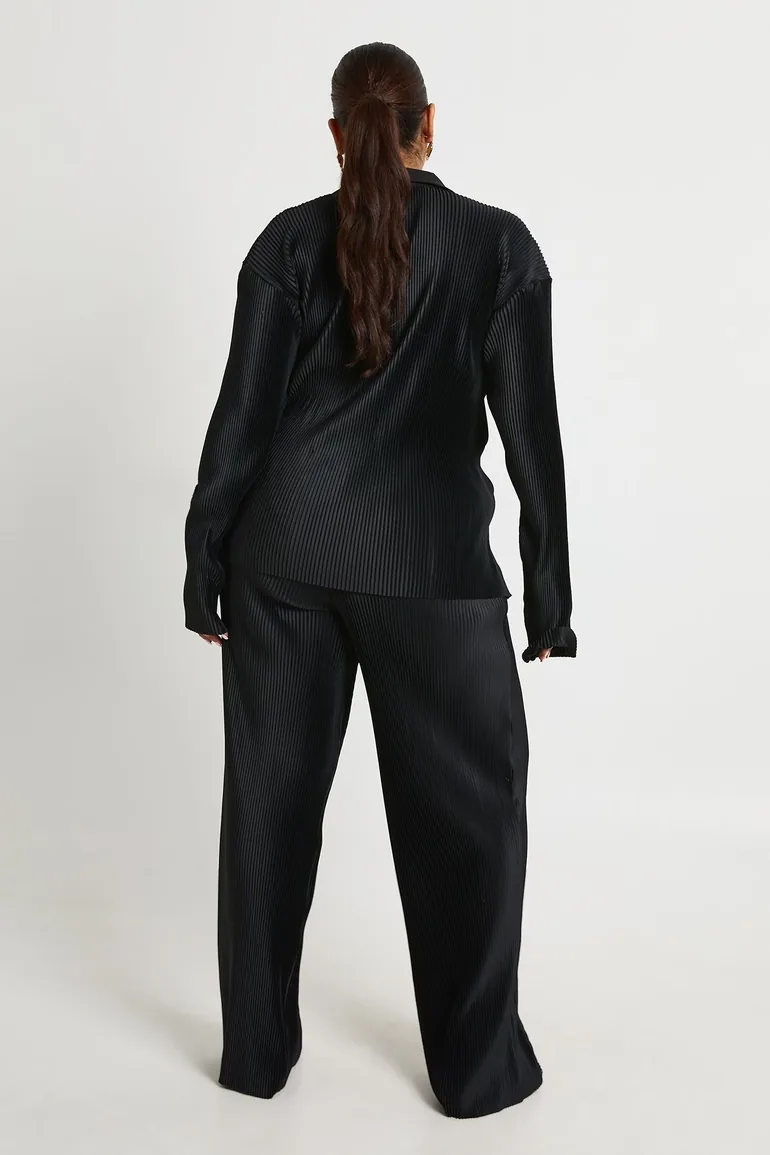 Plus Pleated Plisse Shirt & Wide Leg Trouser Co Ord - black - 1