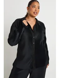 Plus Pleated Plisse Shirt & Wide Leg Trouser Co Ord - black - 3