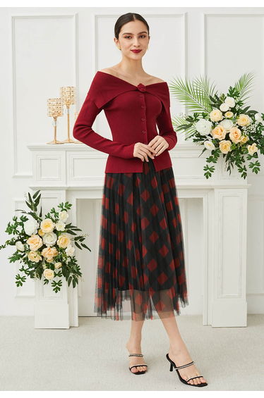 Bold Checks Double-Layered Mesh Midi Skirt in Red