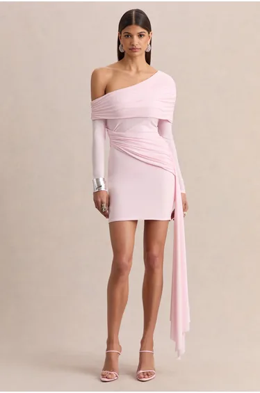 Savita | Light Pink Ruched Asymmetric Mini Dress With Drape