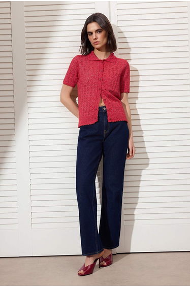Red Cotton Blend Knitwear Blouse