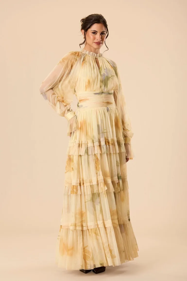 rosalia floral mesh long dress Rosalia Mocha Mesh Maxi Dress - S Size - Women's Dresses