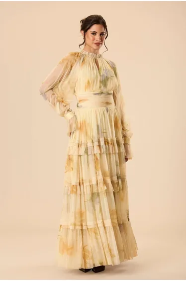 فستان ماكسي تول بطبعة أزهار - ذهبي