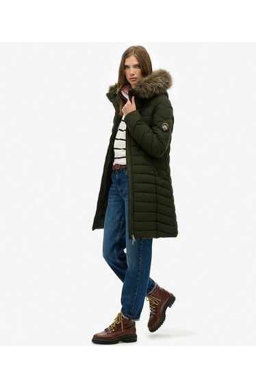 Mid-Length Padded Jacket with Hood in Synthetic Fur