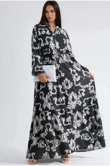 V-Neck Patterned Maxi Dress with Buttons