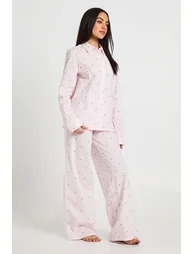 Cotton Poplin Pinstripe Heart Print Long Sleeve Shirt & Trouser Pyjama Set - light pink - 2