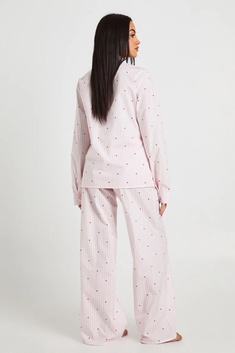 Cotton Poplin Pinstripe Heart Print Long Sleeve Shirt & Trouser Pyjama Set - light pink - 1