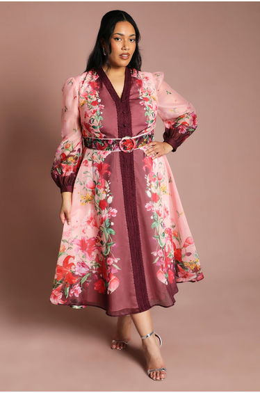 Plus Long Sleeve Organza Midi Dress With Belt
