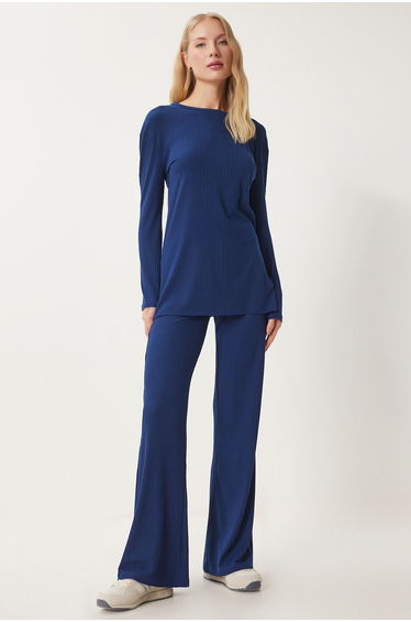 Women's Navy Blue Comfortable Corduroy Knitted Blouse Trousers Set