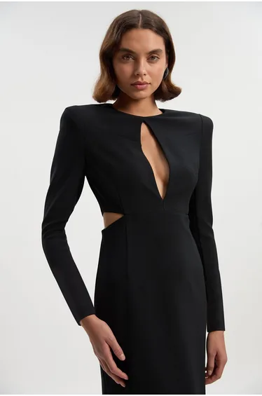 Scuba Crepe Plunge Mesh Paneled Maxi Dress