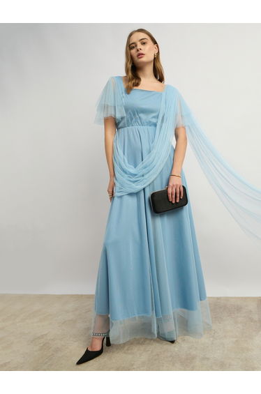 Mesh Layered Sleeve Square Neck A-Line Maxi Dress