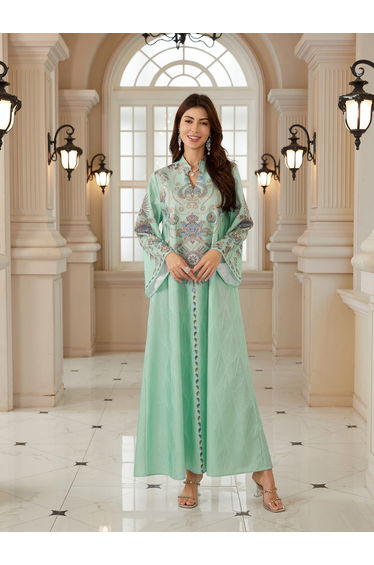 Women Textured Floral Printed Collared Jalabiya