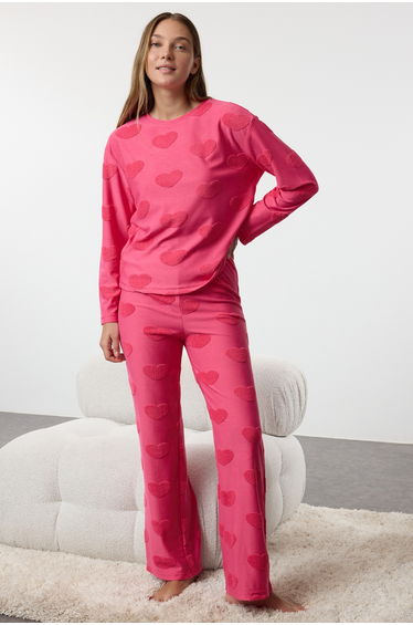 Pink Heart Jersey Knitted Pajama Set