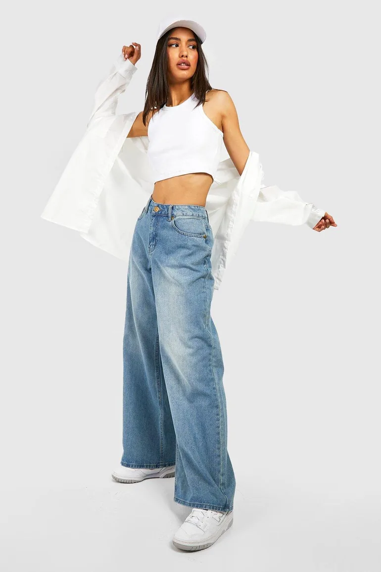 Mid Waist Vintage Wash Baggy Jeans - vintage blue - 2