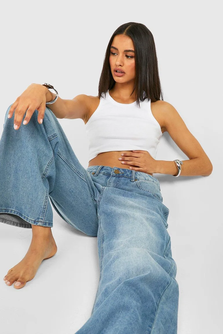 Mid Waist Vintage Wash Baggy Jeans - vintage blue - 3