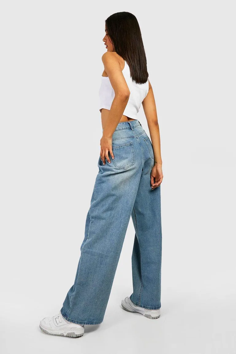 Mid Waist Vintage Wash Baggy Jeans - vintage blue - 1