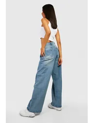 Mid Waist Vintage Wash Baggy Jeans - vintage blue - 1