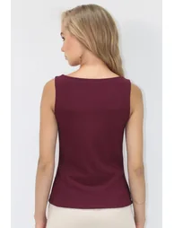 Women's Burgundy Crew Neck Front Buttoned Ottoban Sleeveless Blouse - 3