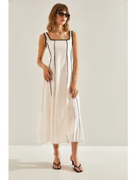 Women's Piping Detailed Lined Linen Dress - 2