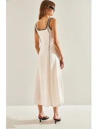 Women's Piping Detailed Lined Linen Dress - 1