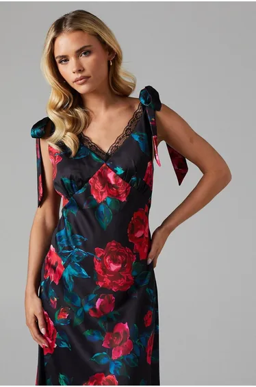 Floral Satin Lace Insert Tie Shoulder Maxi Bridesmaids Dress