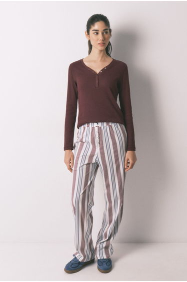 Burgundy 100% cotton striped long trousers