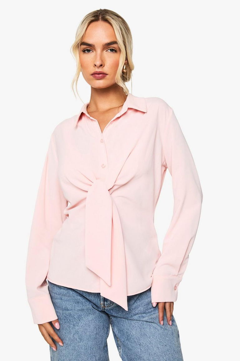 Woven Tie Front Shirt - baby pink Boohoo : Blouses & Shirts