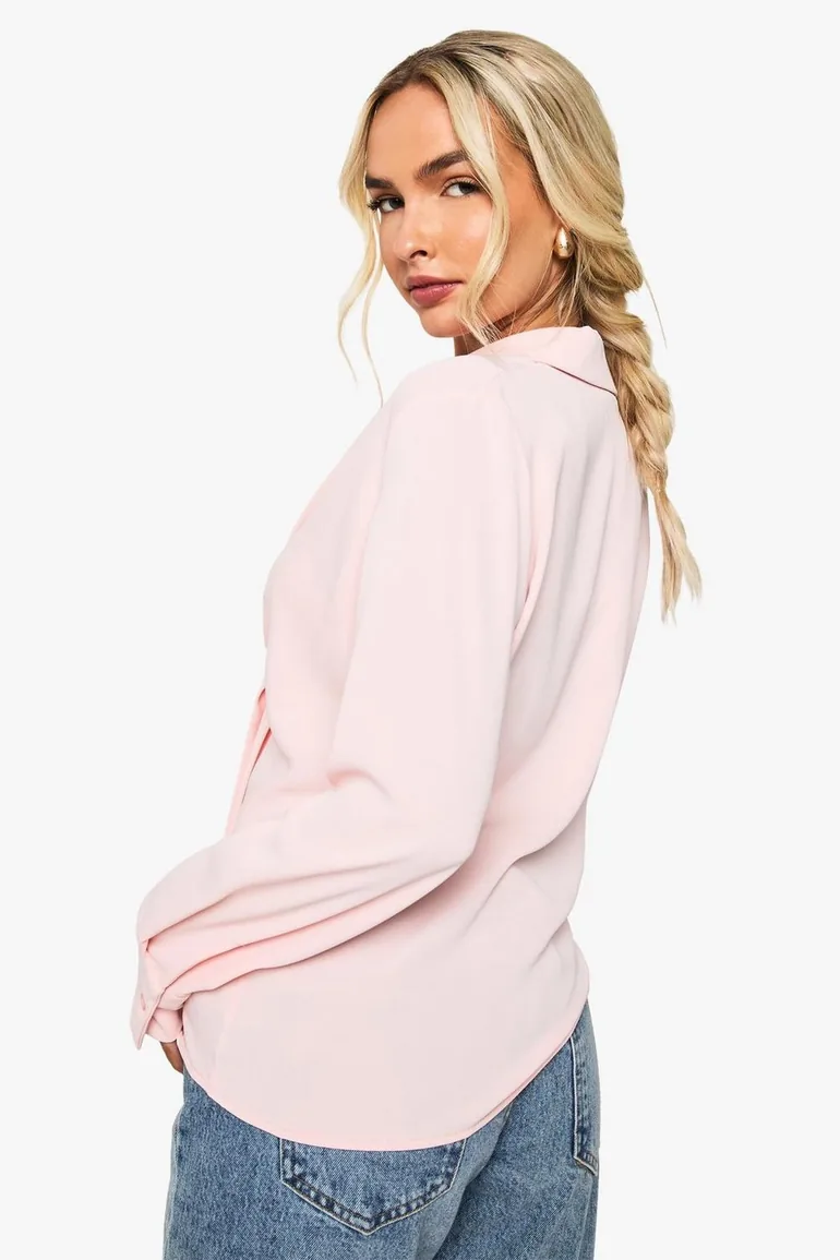 Woven Tie Front Shirt - baby pink Boohoo : Blouses & Shirts