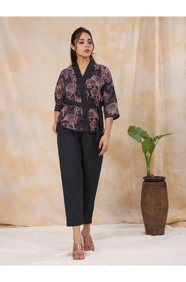 Black Animal Print Wrap Top and Pants Set