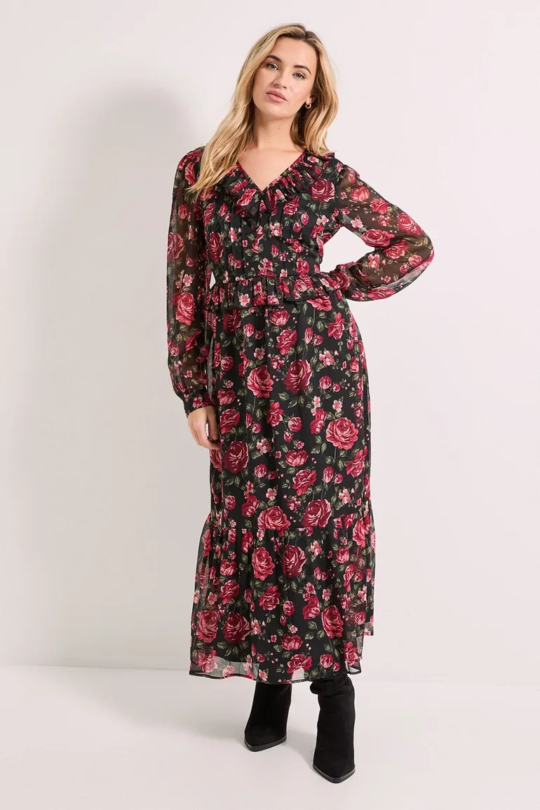 Petite Black Floral Pleat Bodice Ruffle Neck Blouson Sleeve Midaxi Dress