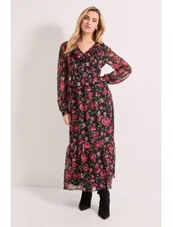 Petite Black Floral Pleat Bodice Ruffle Neck Blouson Sleeve Midaxi Dress