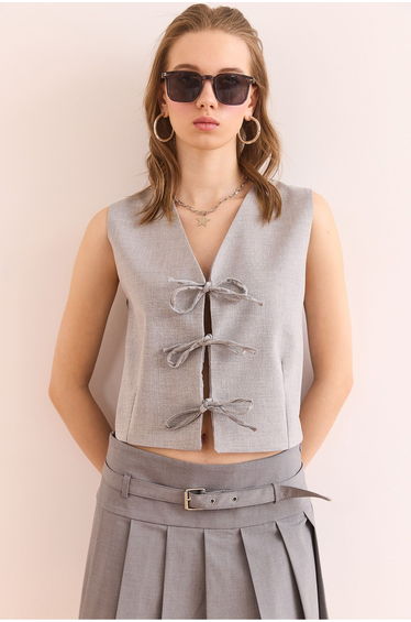 Women's Light Gray Laced Detailed Lined Viscose Vest