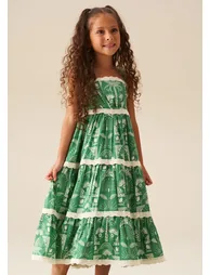 Kinsley Palm Print Lace Trim Tiered Dress - 1
