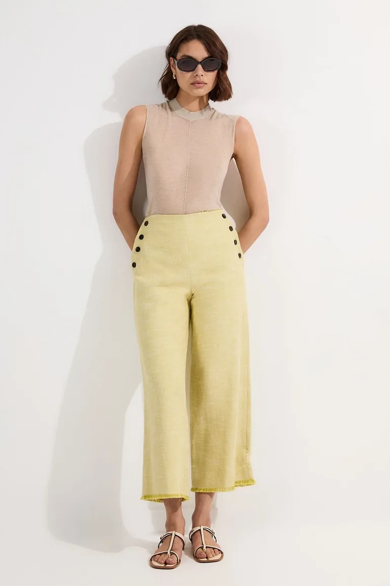 Spring Tweed Tailored Button Detail Cropped Wide Leg Trouser