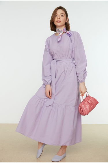 Purple A-Line Maxi Smock Dress with Long Sleeve